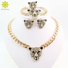 Прохладный Leopard Глава Браслет Серьги Кольцо Ожерелье Набор Для Женщин Модные Цвета Золота Костюм Африканских Ювелирные Наборы С Rhinestone