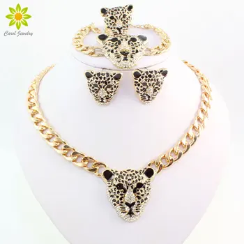 

Cool Leopard Head Bracelet Earrings Ring Necklace Set For Women Trendy Gold Color Costume African Jewelry Sets With Rhinestone