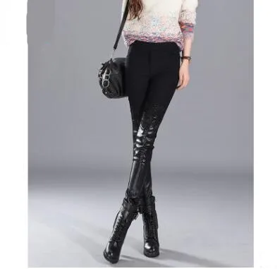 

2018 New Autumn and winter Women Stitching Leather Pants Slim Lace Pencil Pants Warm Patchwork Trousers Middle Waist Underpants