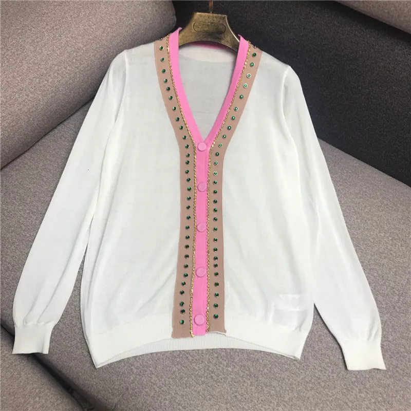 

Luxury Designer Brand Knitted Sweater for Women V Neck Diamond Contrast Knitted Cardigans