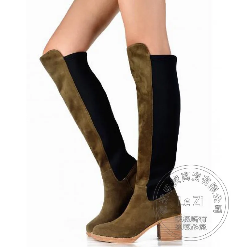 Army Military Green Vintage Suede Genuine Leather Chunky High Heels Shoes Women Stretch Fabric Over The Knee Thigh High Boots