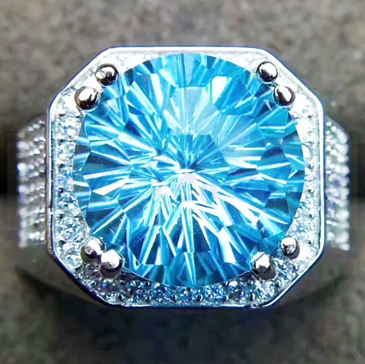 Мужское кольцо с синим топазом натуральным из серебра 925 пробы 9.5CT драгоценный
