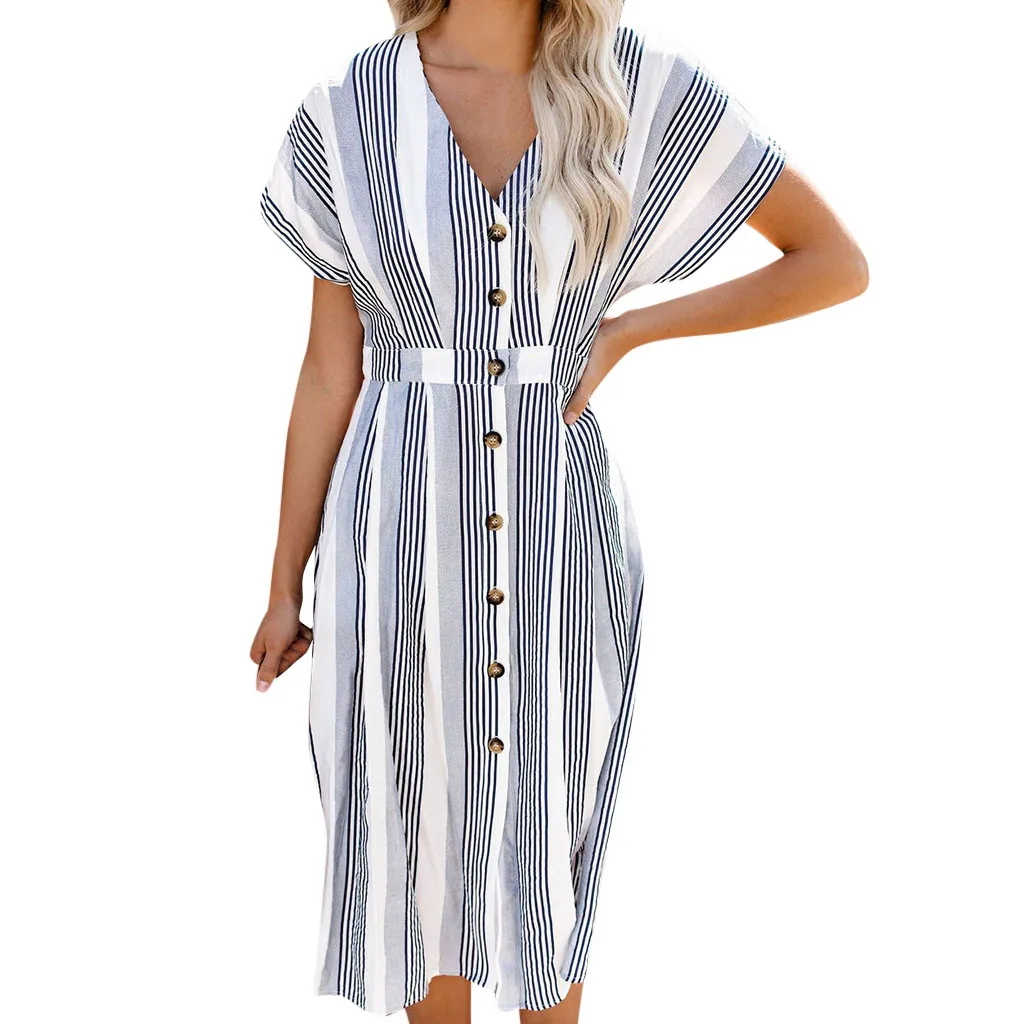 

2019 Spring Summer Women Dress Sundress Sexy Straight Striped Print Short sleeve Casual Ankle-Length Dress L509