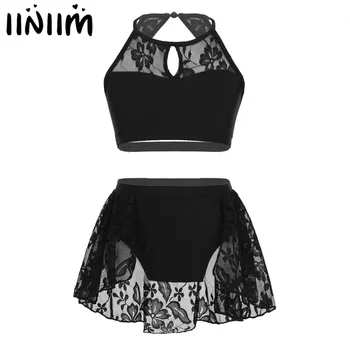 

iiniim Kids Girls Tutu Dancewear Keyhole Halter Lace Splice Top with Bottoms Set for Ballet Dance Gymnastics Leotard Ballerina