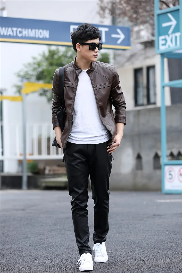 Мужская кожаная куртка M-5XL плюс размер новая модная однотонная мужская кожаная куртка мотоциклетная куртка 3 цвета