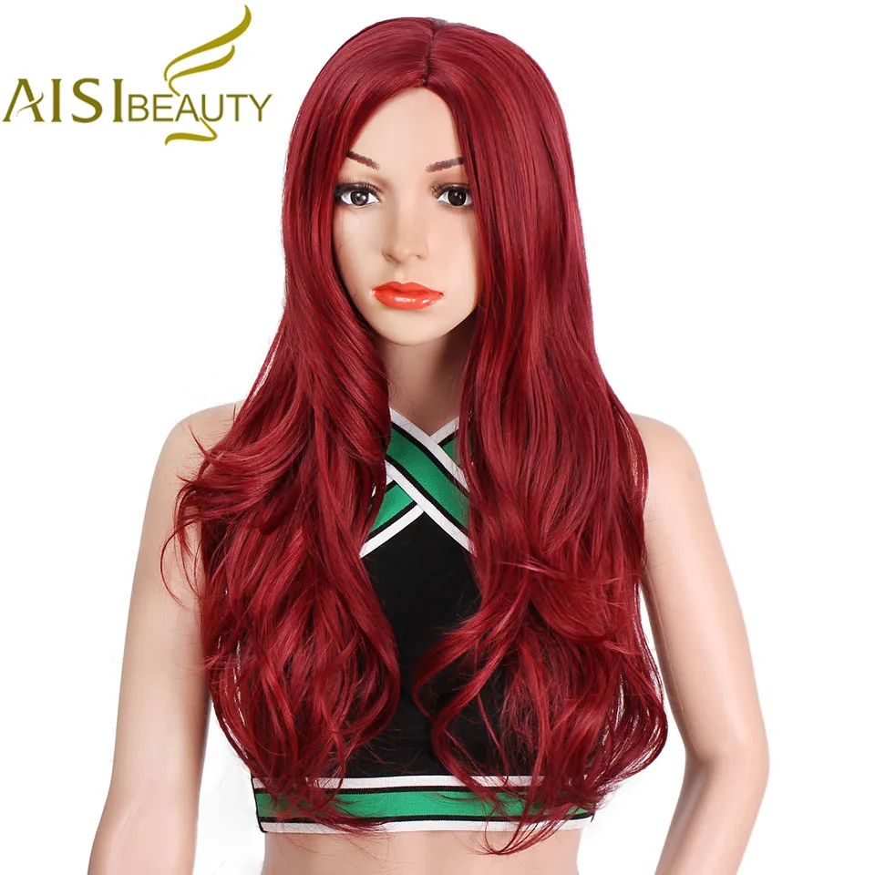 AISI belleza larga onda Natural Rojo Negro sin pegamento pelo sintético ondulado Cosplay y pelucas de fiesta para mujer