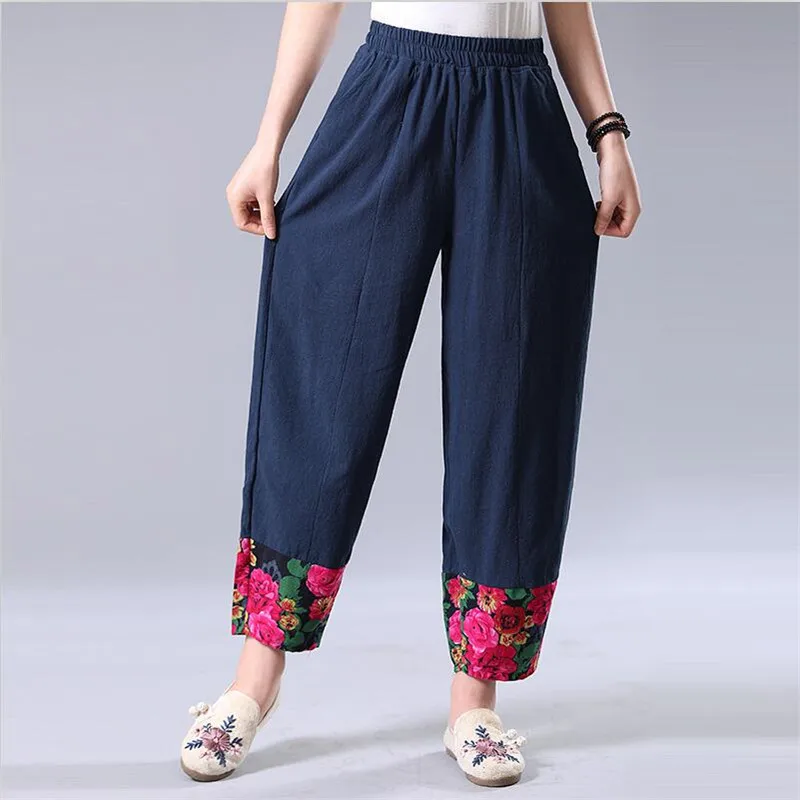 Free Size Women Ankle Length Pants Chinese Style Floral Print Patchwork