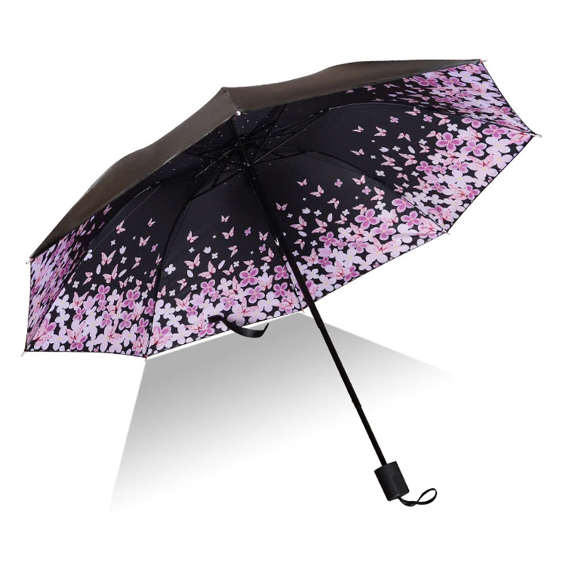 Черный зонт, солнечный женский зонтик, черное покрытие, женский зонт, зонт, Цветочный складной зонт, женский зонт, paraguas