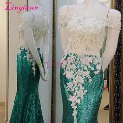 Linyixun Vestido Longo De Festa зеленый русалка Выпускные платья блестками Кружево с открытыми плечами Бусины Sheer корсет Назад вечернее платье 2018