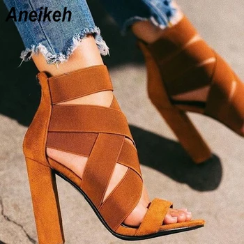 

Aneikeh 2019 Gladiator Sandals Fashion Women Sandals High Heels Open Toe Ankle Strap Elastic band Shoes Size 35-40 Pumps brown