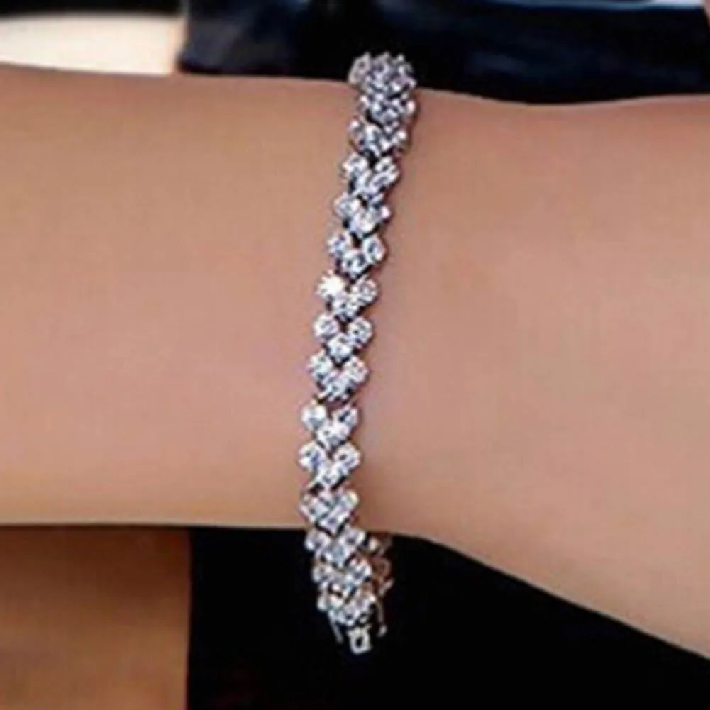 

Fashion Silver Plated Roman Chain Link Bracelet Female CZ Heart Shape Charm Strand Bracelets & Bangles Pulseira Feminina