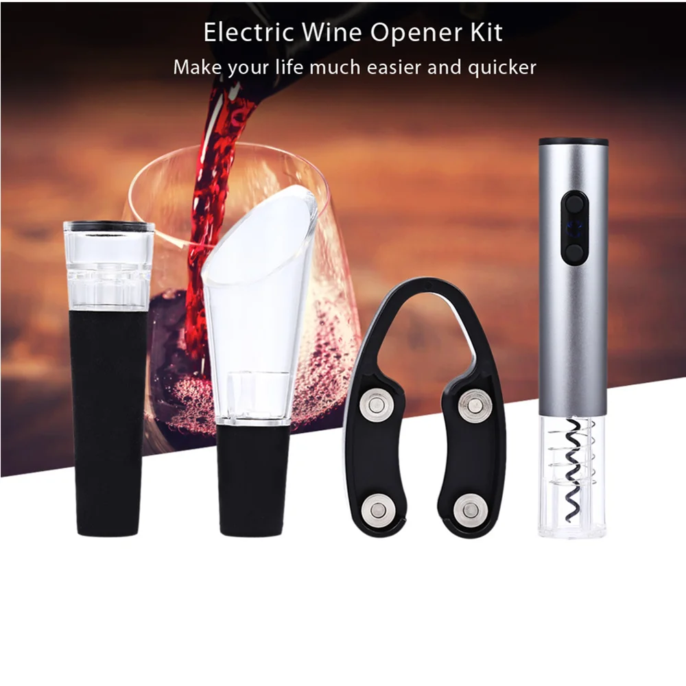 4pcs Electric Wine Opener Set Stainless Steel Cordless Corkscrew with Foil Cutter Vacuum Stopper Pourer Kitchen Barware Tools