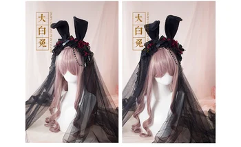 

Lolita Gothic Rose Rabbits Ears Lace Veil Black HairBand Hoop Headdress Cosplay Free Shipping