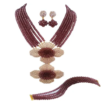 

Fashion Dark Purple Multi Strands Statement Necklace Nigerian Wedding African Beads Jewelry Set Crystal 5-LDH24