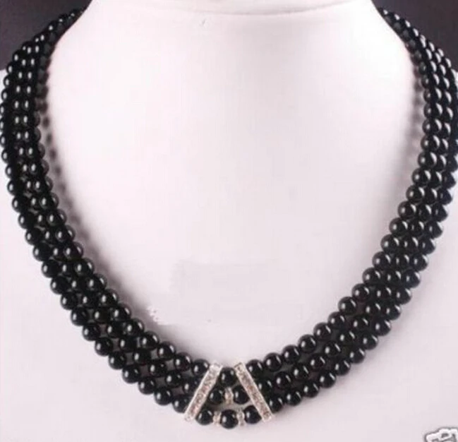 

Hot sell -Natural 6MM Black Onyx Agate 3 Row Beads necklace -Bridal jewelry free shipping