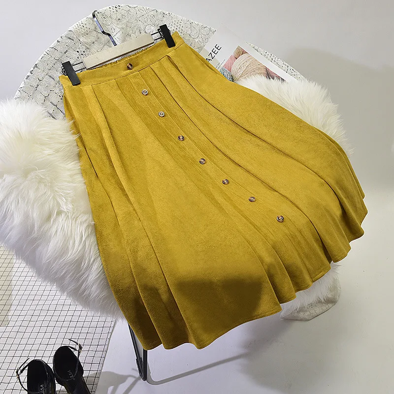 Sherhure, Высококачественная Женская замшевая юбка, длинные плиссированные юбки для женщин, s Saias Midi Faldas, винтажная Женская юбка миди с высокой талией - Цвет: Цвет: желтый