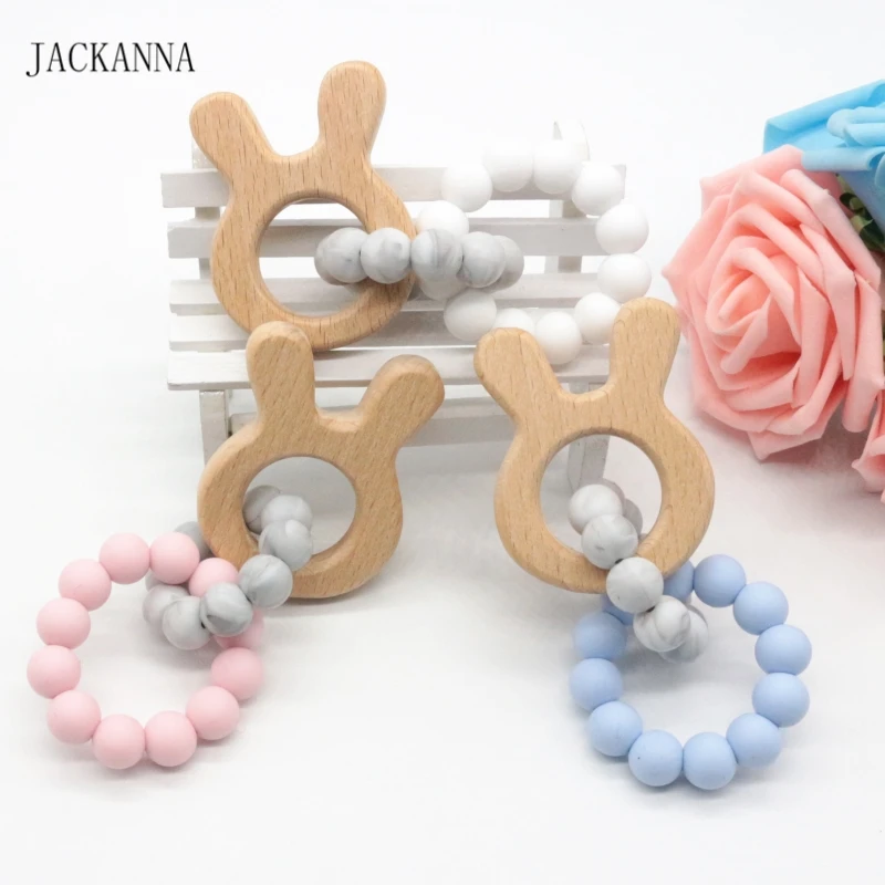 

Baby Teether Ring, Infant Baby Bracelet Rattle Toy, Organic Wood Rabbit Teether Silicone Ring Toys, Newborn Shower Gifts