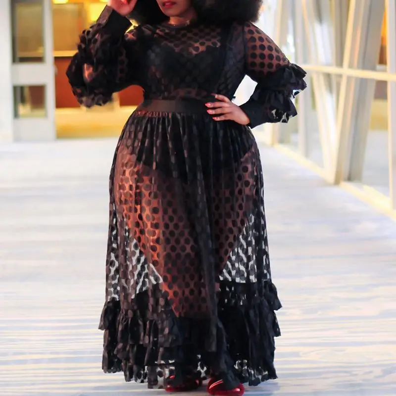 

Plus Size Black Women Dress 2019 Sexy Party Club Floor-Length See-Through Ruffle Sleeve Dinner Evening Maxi Dress Robe Vestiods