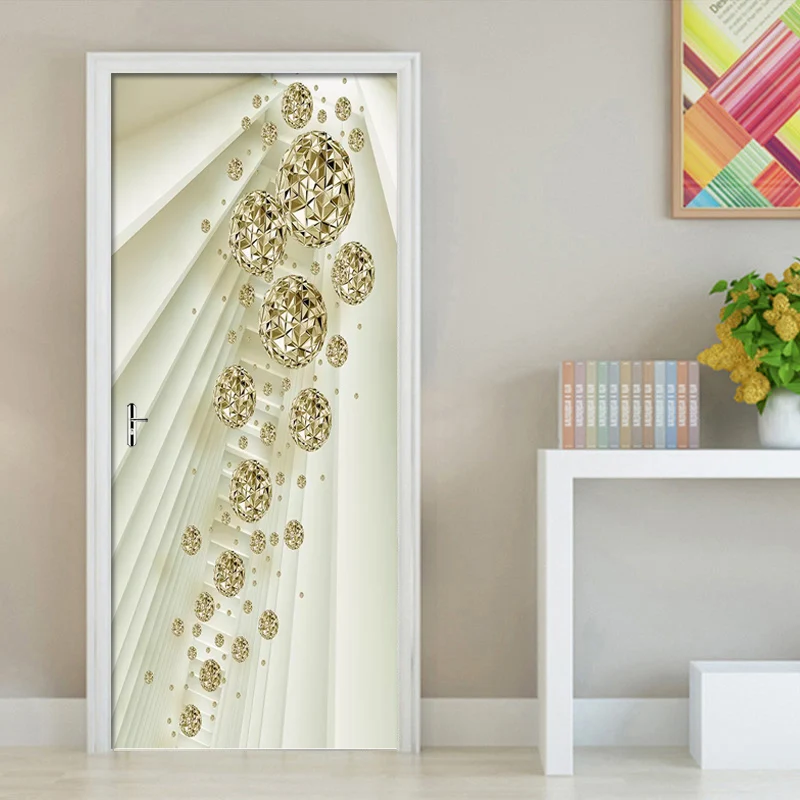 Дверная Фреска 3D абстрактное пространство Золотая Сфера дверная наклейка Экологичная дверь домашний декор наклейка самоклеящаяся наклейка на стену наклейки