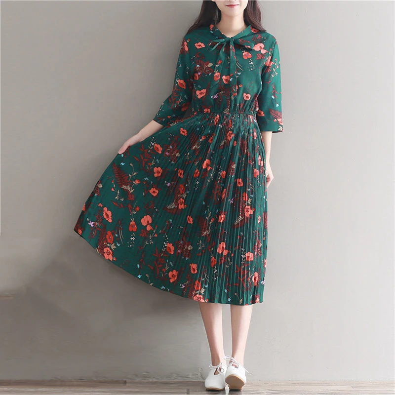 

2018 new Chiffon Dress Women Casual Vintage Green Flower Print Three Quarter Sleeve Retro Spring Summer High Waist Dresses