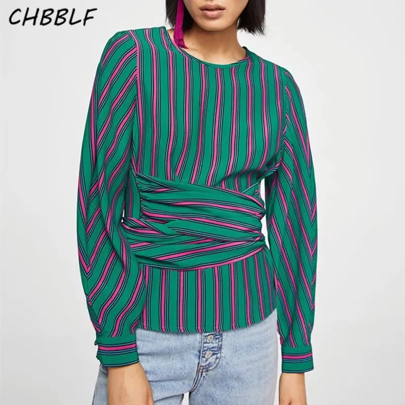 women Green striped belt adornment shirt long sleeve O neck blouses