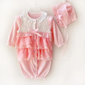 

Newborn Girl Cotton Romper With Cap Long Sleeve Lace 1piece Overall Thin Sleeping Bag Infant Girl Clothing Gift 3m 6m 1t Summer