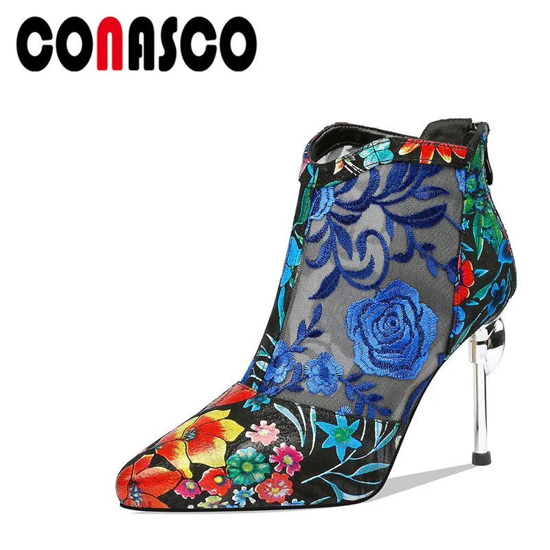 

CONASCO Fashion Vintage Flowers Women Ankle Boots 2019 New Summer Shoes Woman Kid Suede Mesh High Heels Party Wedding Shoes