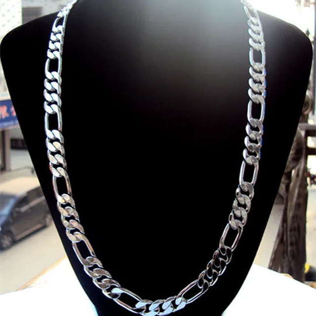 10MM wide figaro chain necklace for men white gold filled 3+1 "O