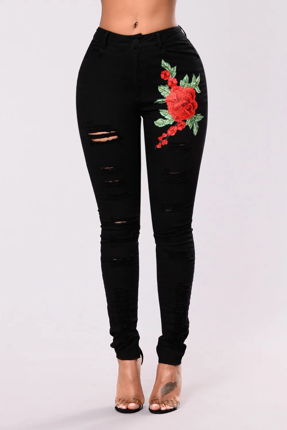 Embroidered Jeans Women Black High 