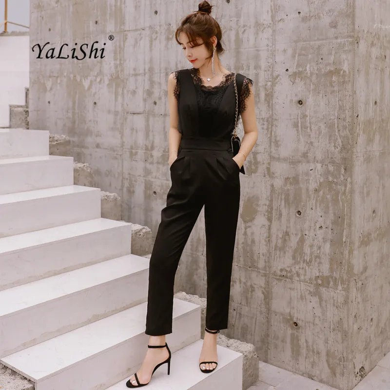 

2018 Women Jumpsuit Romper Black White Sleeveless Tank V-neck Vintage Office Lace Jumpsuit Romper Elegant Club Jumpsuits Romper