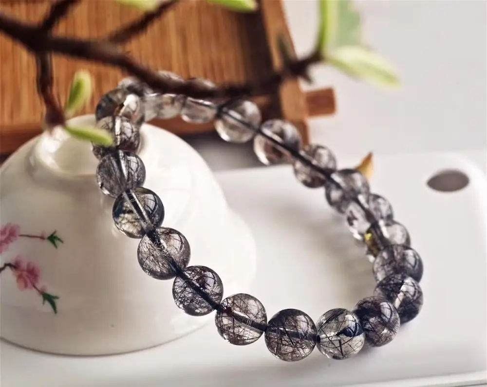 

Genuine Natural Black Rutilated Quartz Crystal Women Men 9.2mm Clear Round Beads Wealthy Stone Bracelet From Brazil AAAAA