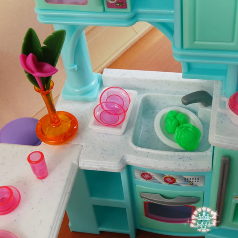 Многофункциональная Мега кухня для кукольного домика Барби мебель большого размера DIY Строительная модель игрушки для девочек косплей забавные аксессуары