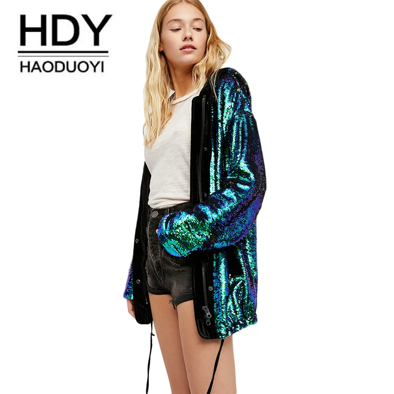 2019 HaoDuoYi модная женская куртка с блестками на шнуровке молнии капюшоном женские