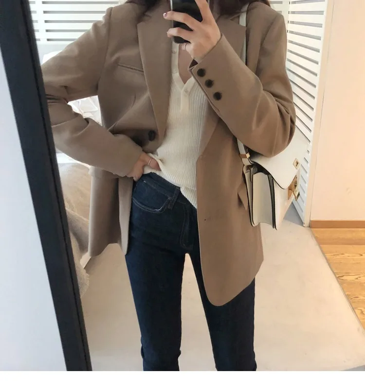 Women Blazer Single Breasted Regular Length Solid Notched Pockets Full Sleeve Korean England Style