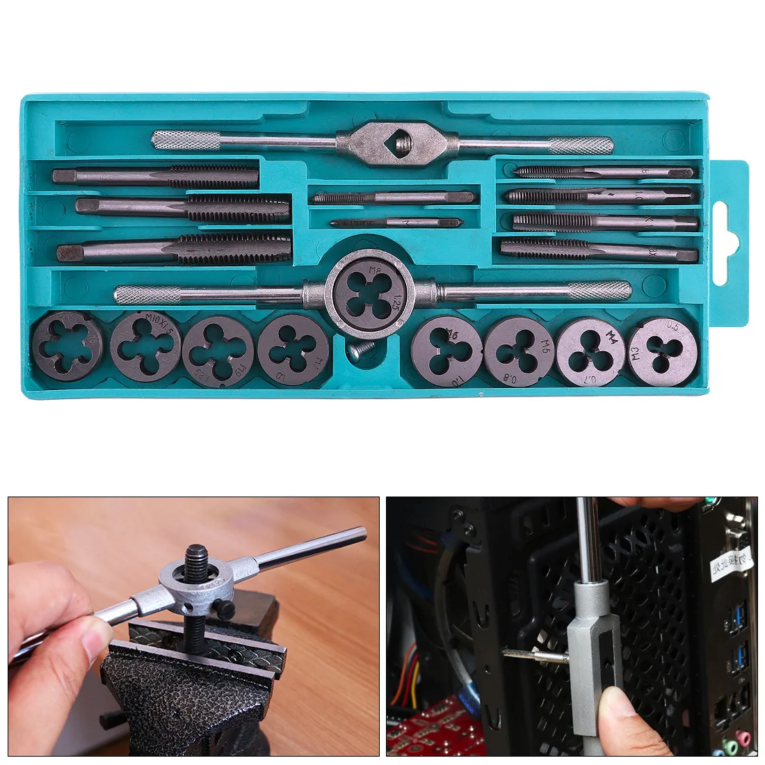 

20pcs Alloy Steel Tap & Die Set with Small Tap Twisted Hand Tools and 1/16-1/2 Inch NC Screw Thread Plugs Taps Hand Screw Taps
