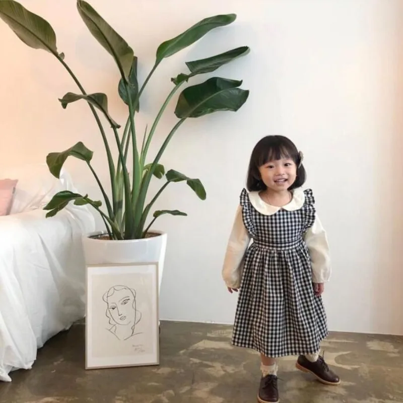 

Korean Toddler Girls Dress Child Autumn Linen Dress Cute Kids Sleeveless Twirl Dress Sping Fall Checked Ruffle Sleeve Tutu