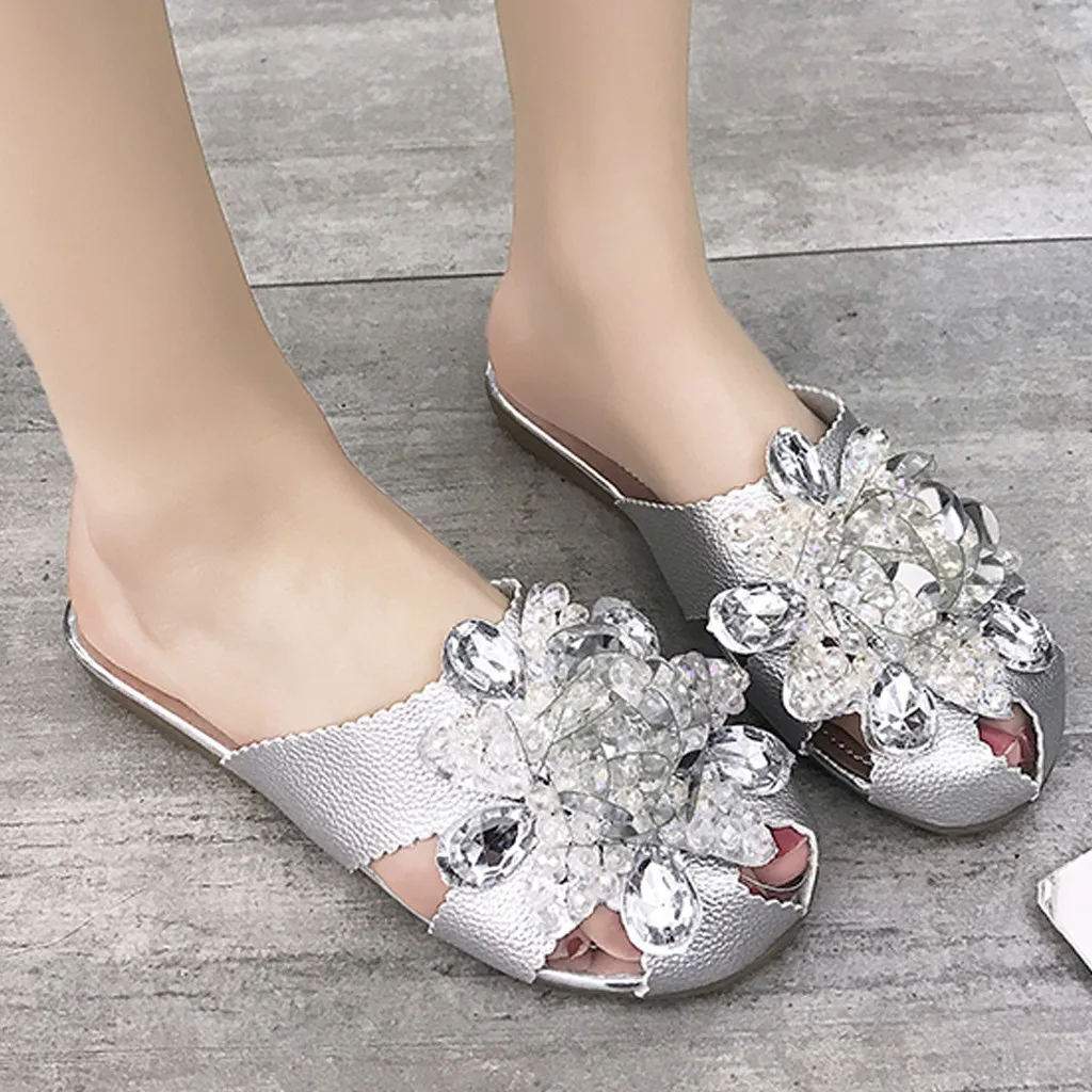 

Summer Slippers Fashion Rhinestones Flat Flip Flops Women's Casual Beach Shoes