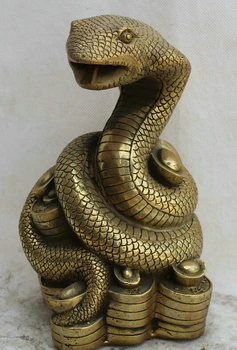 

fast shipping USPS to USA S1927 9" Chinese Brass Wealth Feng Shui Zodiac Year Snake Money sculpture Statue