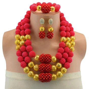 

2018 Fashion Dubai Gold Color Hollow Out Ball Red Jewelry Set High Quality Nigerian Wedding African Beads Jewelry Set