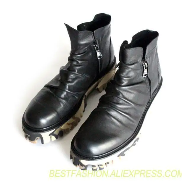 

Muffin double zipper cowhide big head thick sole short boots British style men boots
