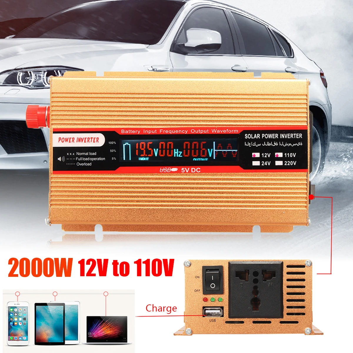 

Car Power Inverter Sine Wave Converter Voltage Transformer 12/24V To AC 220/110V USB Modified PEAK 2000W for Various Appliances