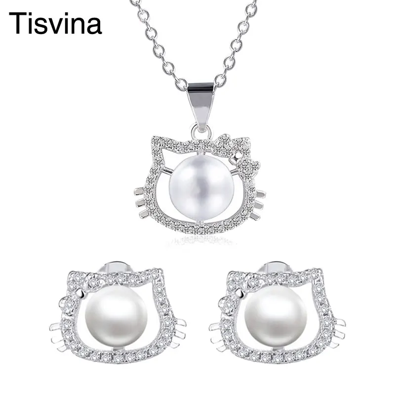 

Tisvina Hello kitty Pearl Jewelry Set for Women Girls Necklace & Earrings Suit Cute kitten Pendant Stud Earring Fashion Brand
