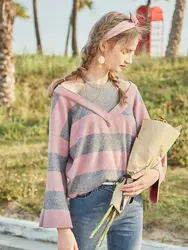 2018 Новинка осени Корейская Женская Поддельные из двух частей полосатый свитер джемпер с длинными рукавами шерстяной свитер