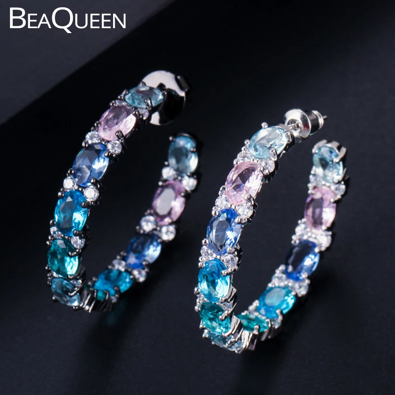 Женские серьги кольца с кристаллами BeaQueen большие овальные круглые розового