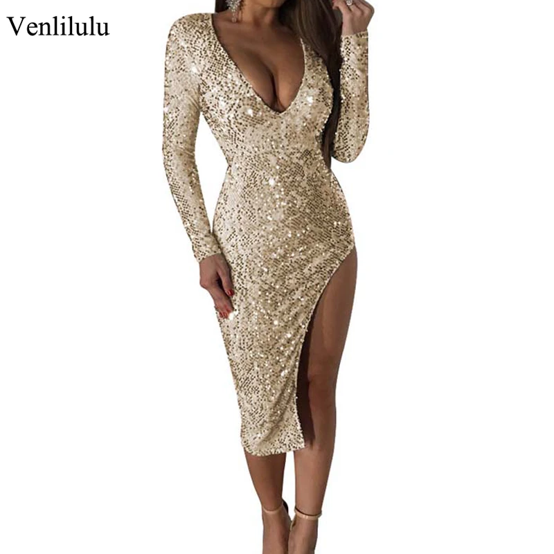 

Sexy Sequin Dress Evening Night Club Dress Woman Sequin Dresses Women Female Bodycon Deep V-neck Pencil Dress Ladies Vestidos