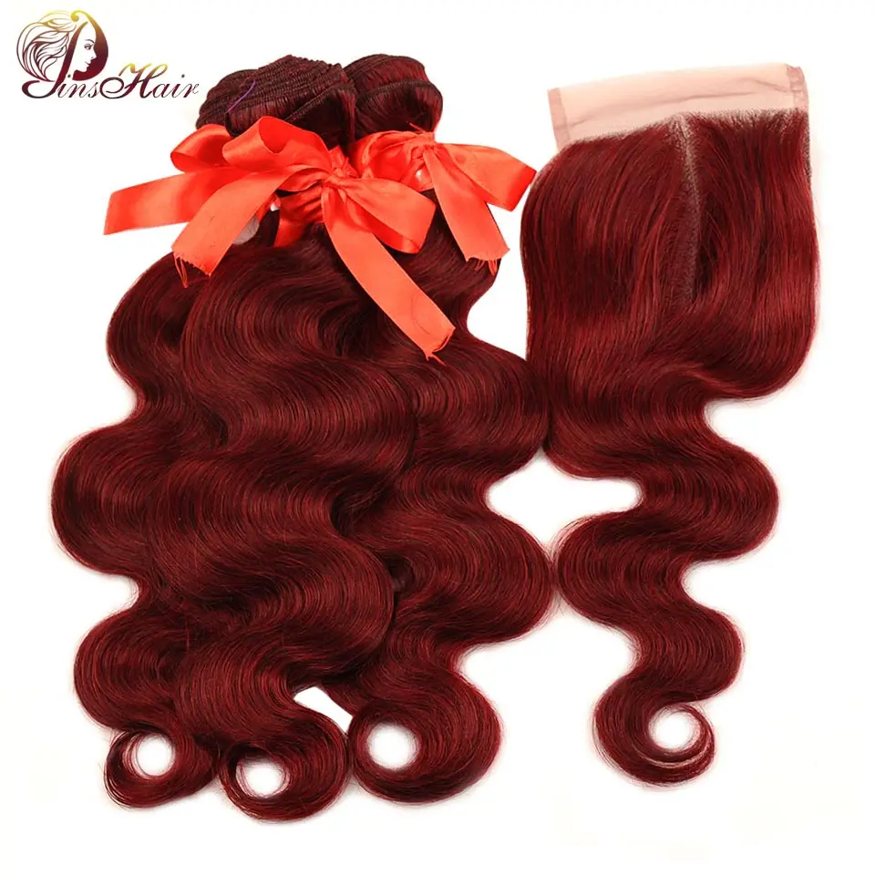 Pinshair 99J волосы красные пучки с закрытием бордовые бразильские тела волна натуральные волосы плетение пучков с закрытием не Реми не клубок