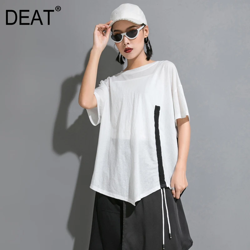 

[DEAT] 2019 New Spring Summer Round Neck Half Sleeve Hit Color Drawstring Irregular Big Size T-shirt Women Fashion Tide JW59