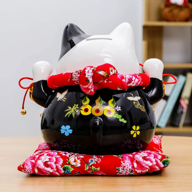 10 дюймов японская керамика Maneki Neko Lucky статуя кота фарфоровая черная удача кошка копилка фэншуй орнамент украшение дома