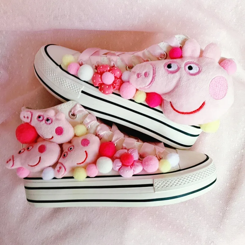 

Spring and autumn custom pink pig girl casual lace single shoes cute macarons stitching sweet high canvas shoes.