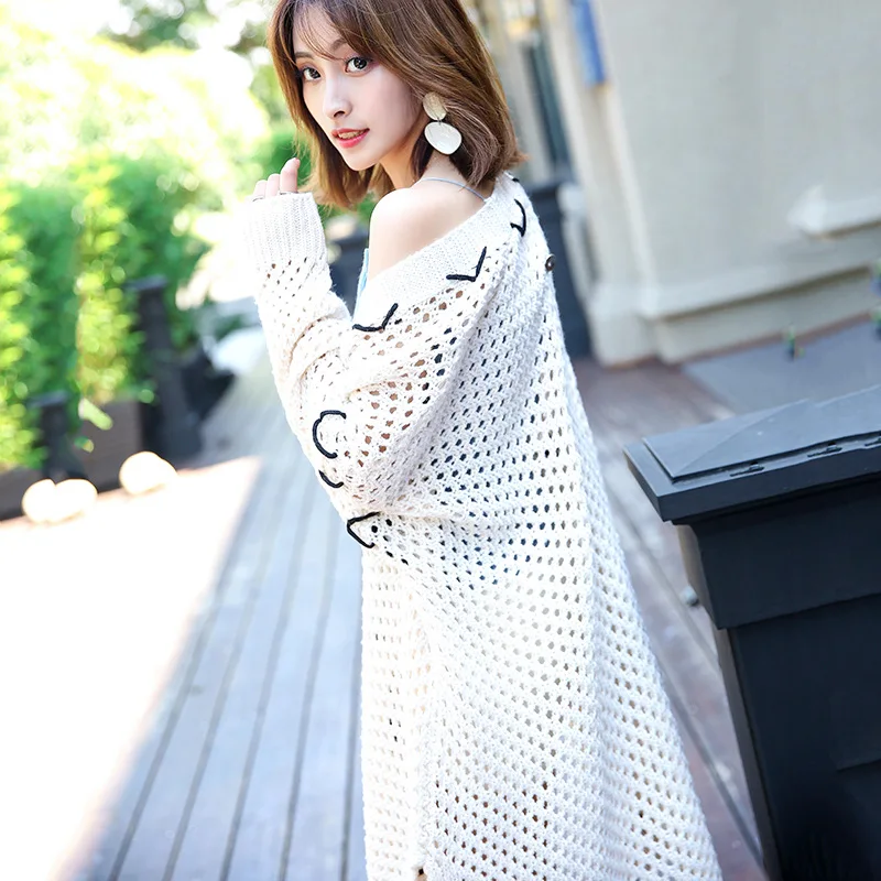 

LUOSHA New Women Autumn Knitted Hollow Out Loose Long Cardigans Women Casual Plus Size White Open Front Ladies Caridgan